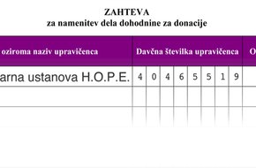 Del dohodnine lahko namenite Humanitarni ustanovi H.O.P.E.
