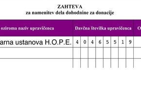 Del dohodnine lahko namenite Humanitarni ustanovi H.O.P.E.